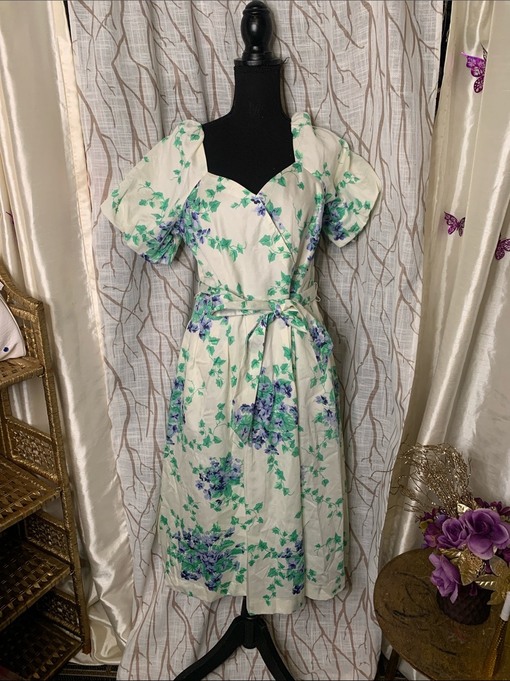 Talbots Cream Midi Dress with Green and Purple Floral Print